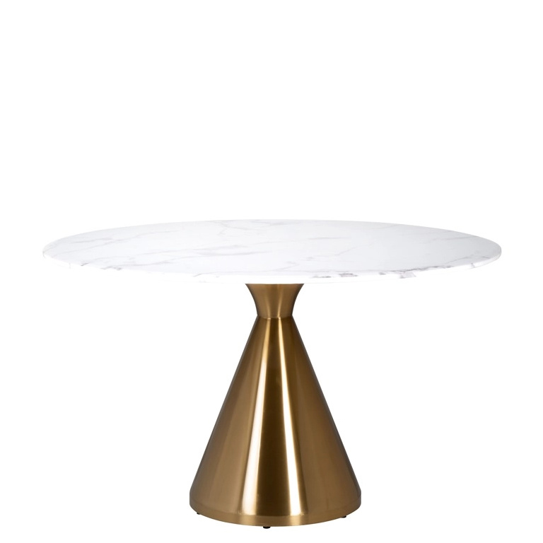 table-repas-marbre-majdeltier Table de Repas Tenille Ø130 – Chic et modernité - marbre blac pied doré brossé