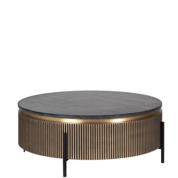 Table Basse Ronde Ironville 90Ø – Marbre Noir, Laiton Nervuré & Esprit Mid-Century Modern