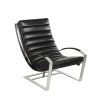 Fauteuil Biarritz cuir noir pleine fleur avec structure en inox poli miroir