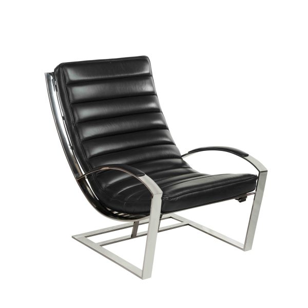 Fauteuil Biarritz cuir noir pleine fleur avec structure en inox poli miroir