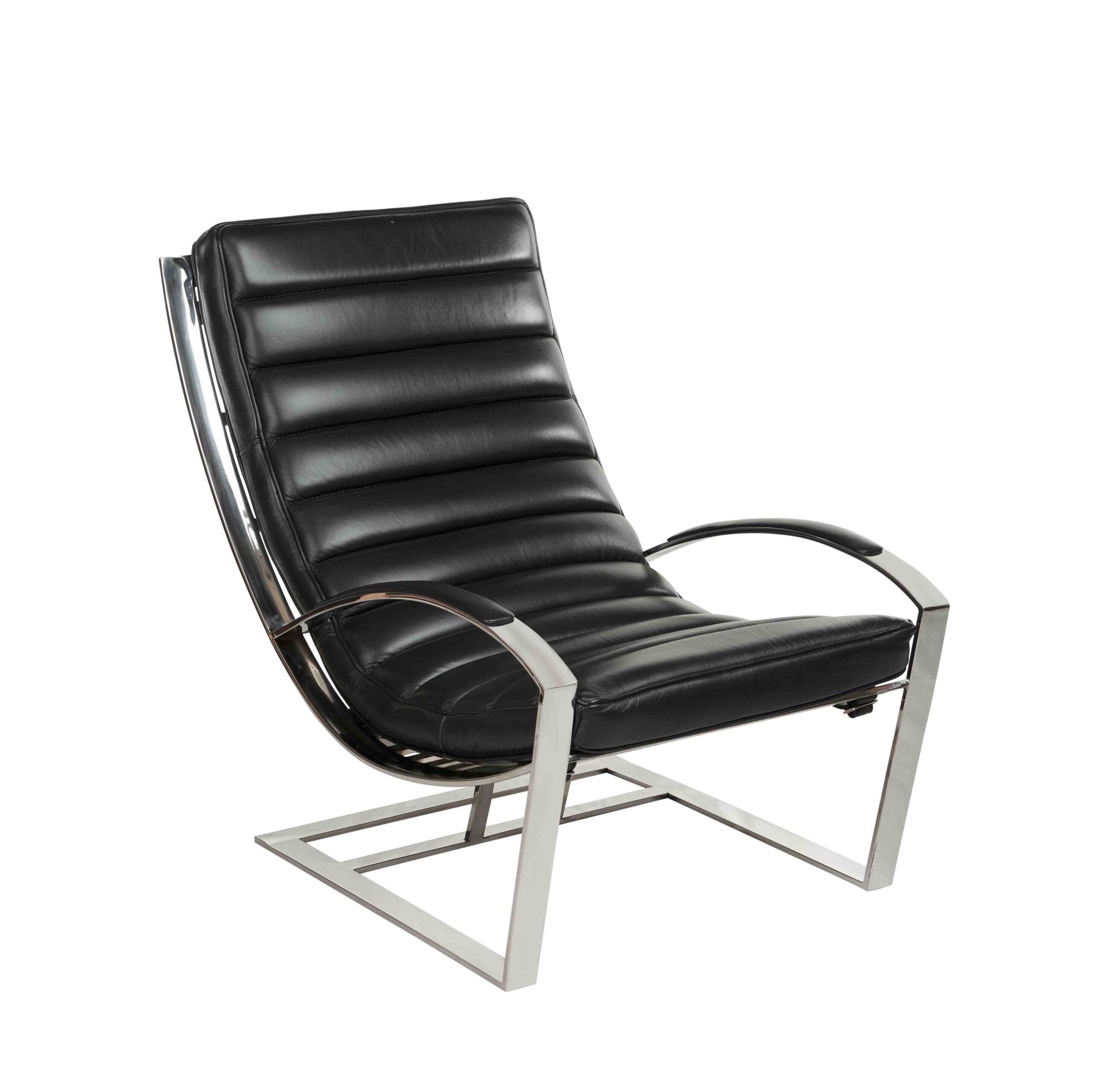 Fauteuil Biarritz cuir noir pleine fleur avec structure en inox poli miroir