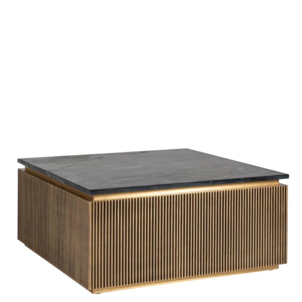 Table de Salon Carrée Ironville 90x90 cm – Marbre Noir, Laiton Nervuré & Esprit Mid-Century Modern