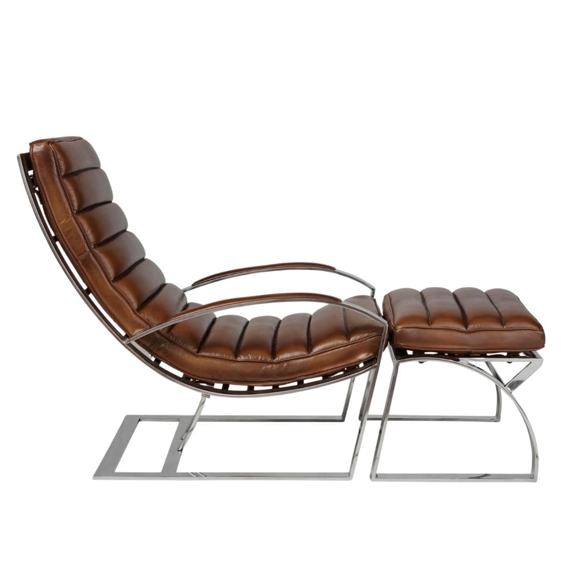 fauteuil-biarrtiz-avec-ottoman-repose-pied-chaise-madrid-relax-cuir-vintage-marron-brun-majdeltier-2 Fauteuil Biarritz cuir brun vintage avec ottoman assorti et piètement en inox poli miroirProfil du fauteuil Biarritz cuir brun avec ottoman en cuir pleine fleur