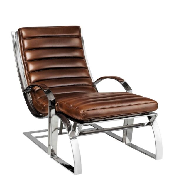 Fauteuil Biarritz cuir brun et ottoman, cuir pleine fleur brun et structure en inox poli miroir