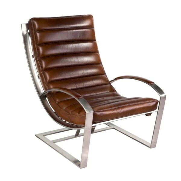 Fauteuil Biarritz cuir brun pleine fleur avec structure en inox poli miroir, cuir patiné à la main