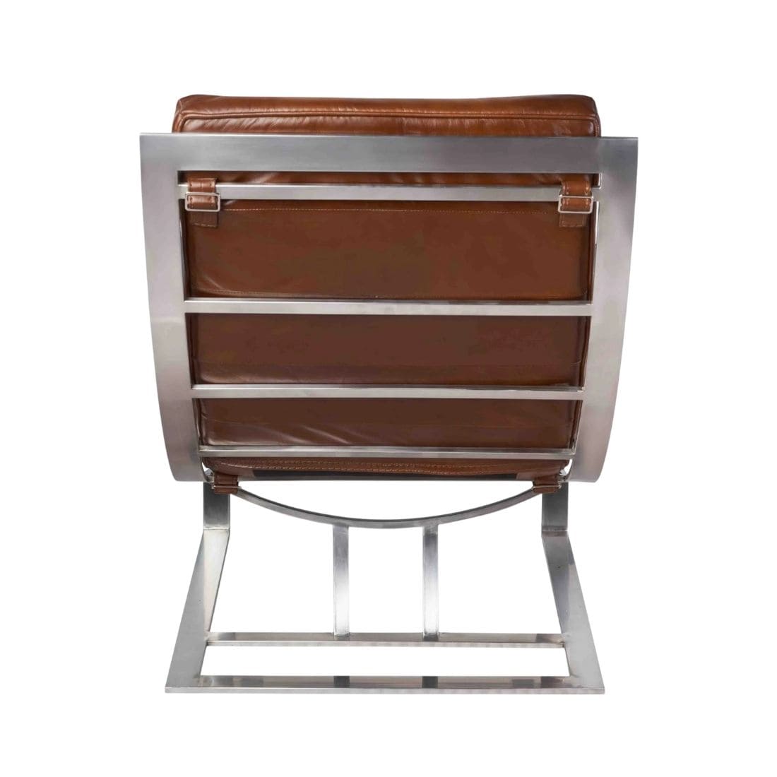 ixcl57v01-Fauteuil-biarritz-vue-de-dos-madrid-cuir-vintage-chrome-design-majdeltier-3 Dos du fauteuil Biarritz dévoilant sa structure en inox poli miroir