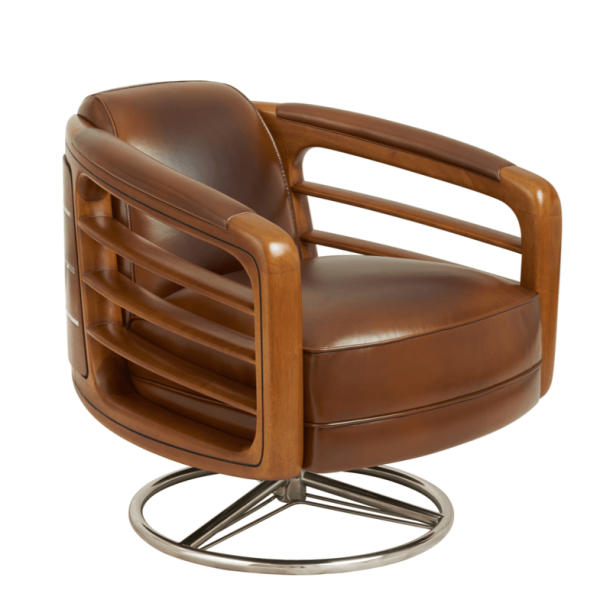 Fauteuil Club pivotant Riviera cuir marron vintage base inox et structure bois massif