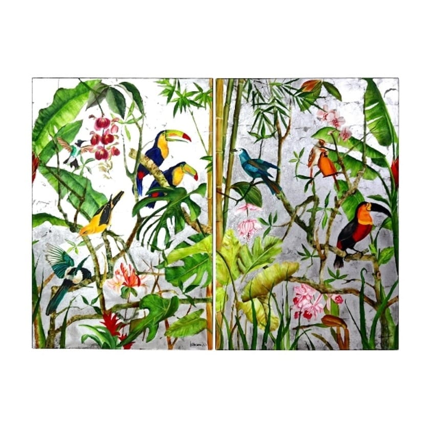 Tableau En Diptyque Jungle Exotique fond argenté (1) Tableau En Diptyque Jungle Exotique fond argente 1