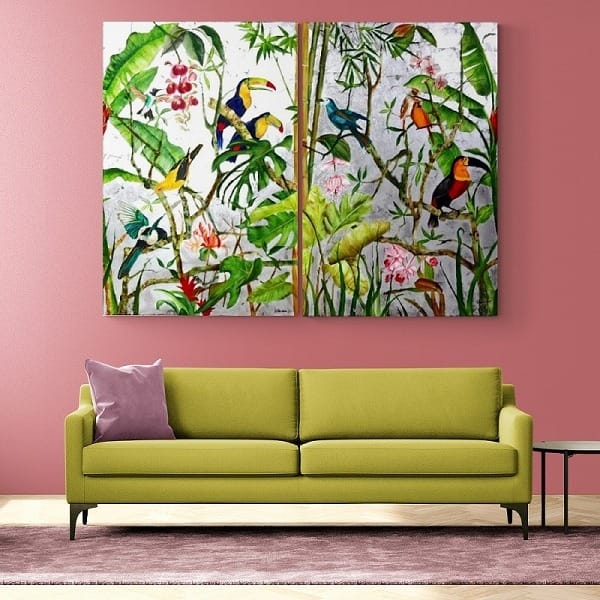 Tableau En Diptyque Jungle Exotique fond argenté 3 Tableau En Diptyque Jungle Exotique fond argente 3