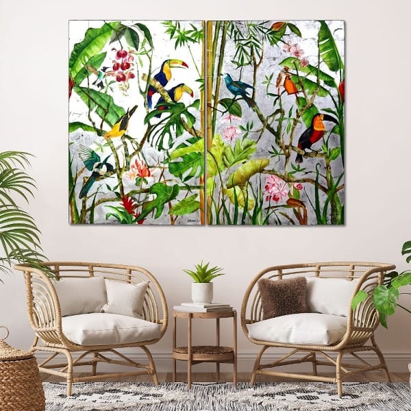 Tableau En Diptyque Jungle Exotique fond argenté 4 Tableau En Diptyque Jungle Exotique fond argente 4
