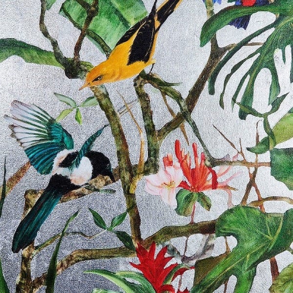 Tableau En Diptyque Jungle Exotique fond argenté 5 Tableau En Diptyque Jungle Exotique fond argente 5