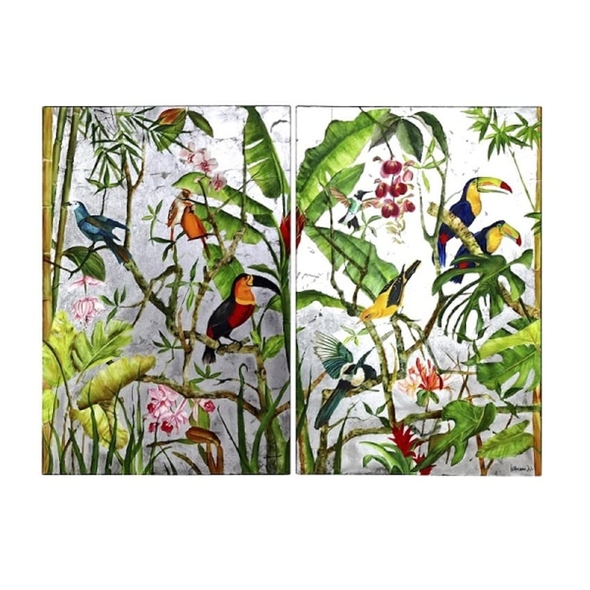 Tableau En Diptyque Jungle Exotique fond argenté2 (1) Tableau En Diptyque Jungle Exotique fond argente2 1
