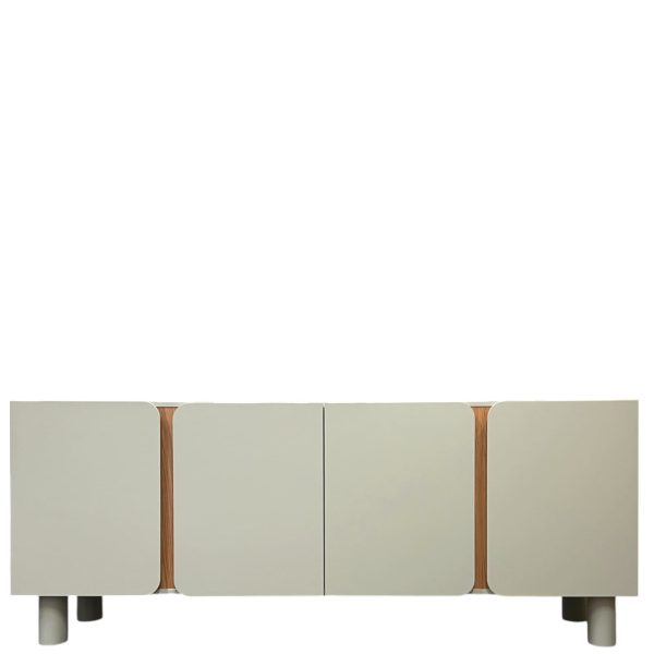 Buffet Yoko 180 cm gris taupe, 4 portes. Design arrondi, teinte douce