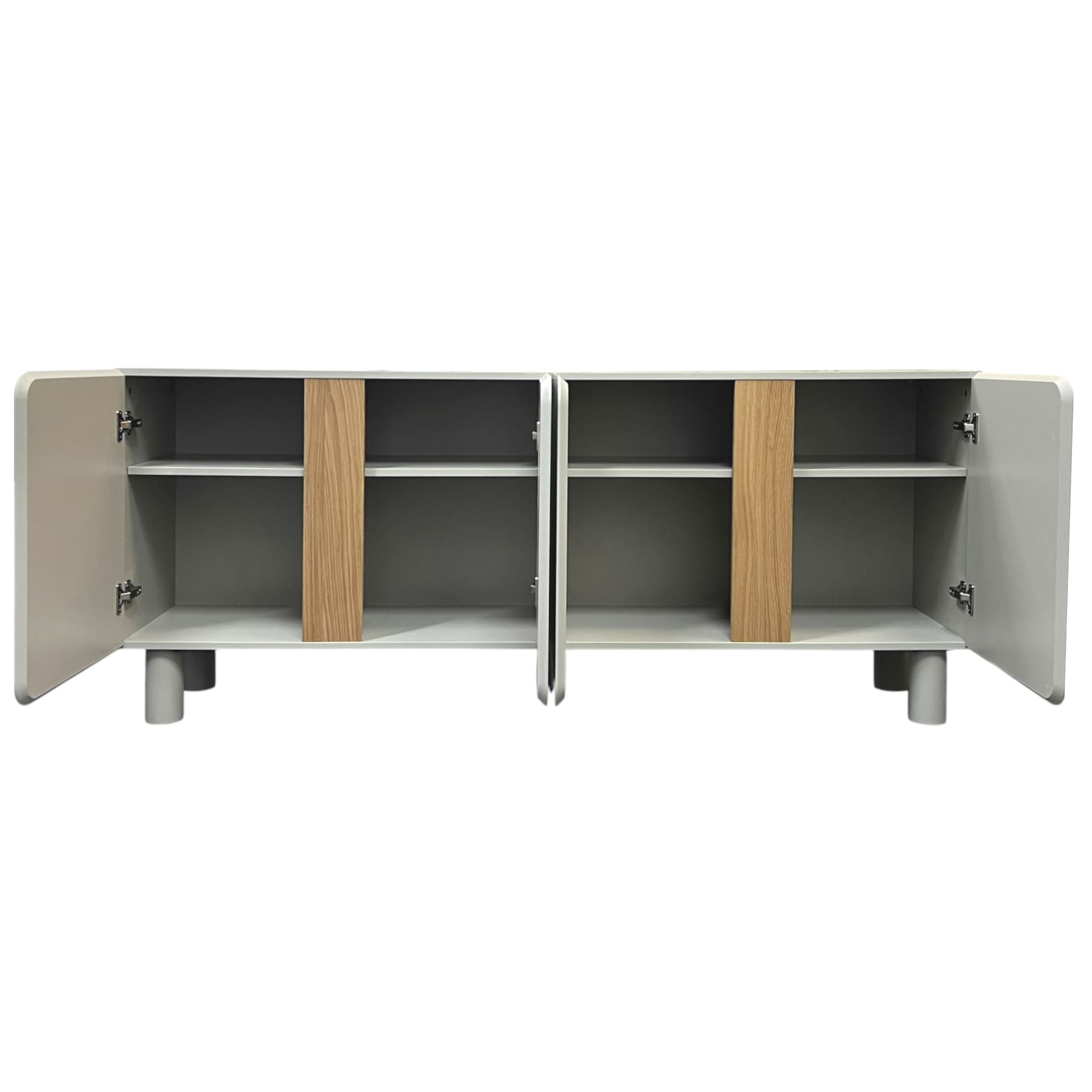 Buffet yoko-gris-taupe-4portes-majdeltier-4 Buffet Yoko 180 cm gris taupe, 4 portes. Design arrondi, teinte douce