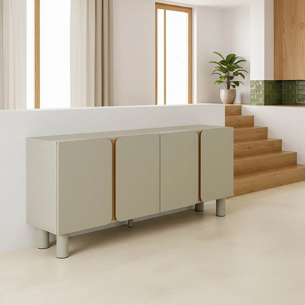 Buffet yoko-gris-taupe-4portes Buffet Yoko 180 cm gris taupe, 4 portes. Design arrondi, teinte douce