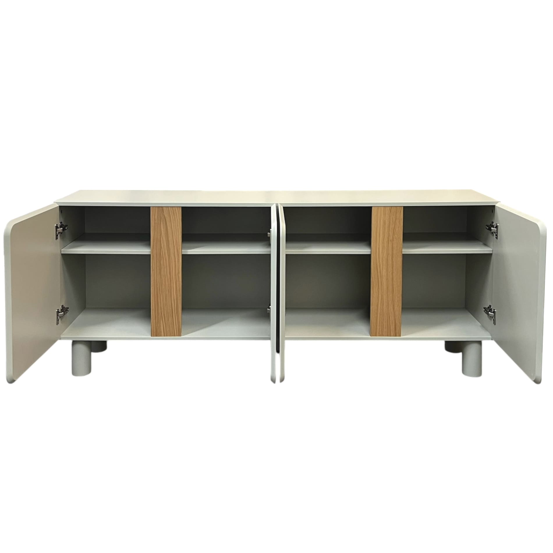 Buffet yoko-taupe-4portes-majdeltier-6 Buffet Yoko 180 cm gris taupe, 4 portes. Design arrondi, teinte douce