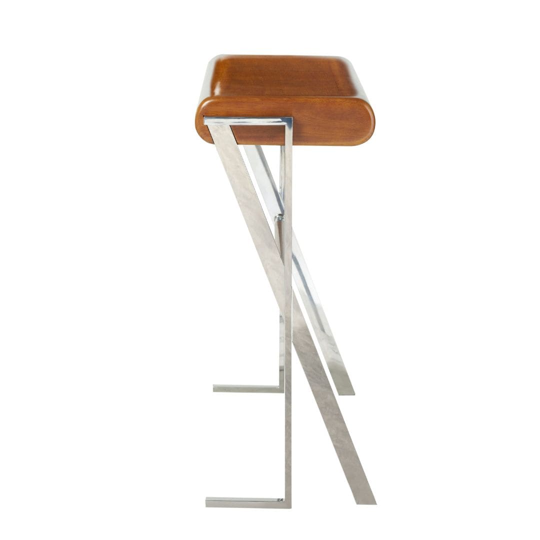 Console-Trocadero-106 cm-bois-noyer-et-inox-hevea-cuir-2 Console trocadero bois noyer et inox 106 cm avec tiroirs discrets. Une pièce compacte et élégante pour structurer votre entrée avec style.
