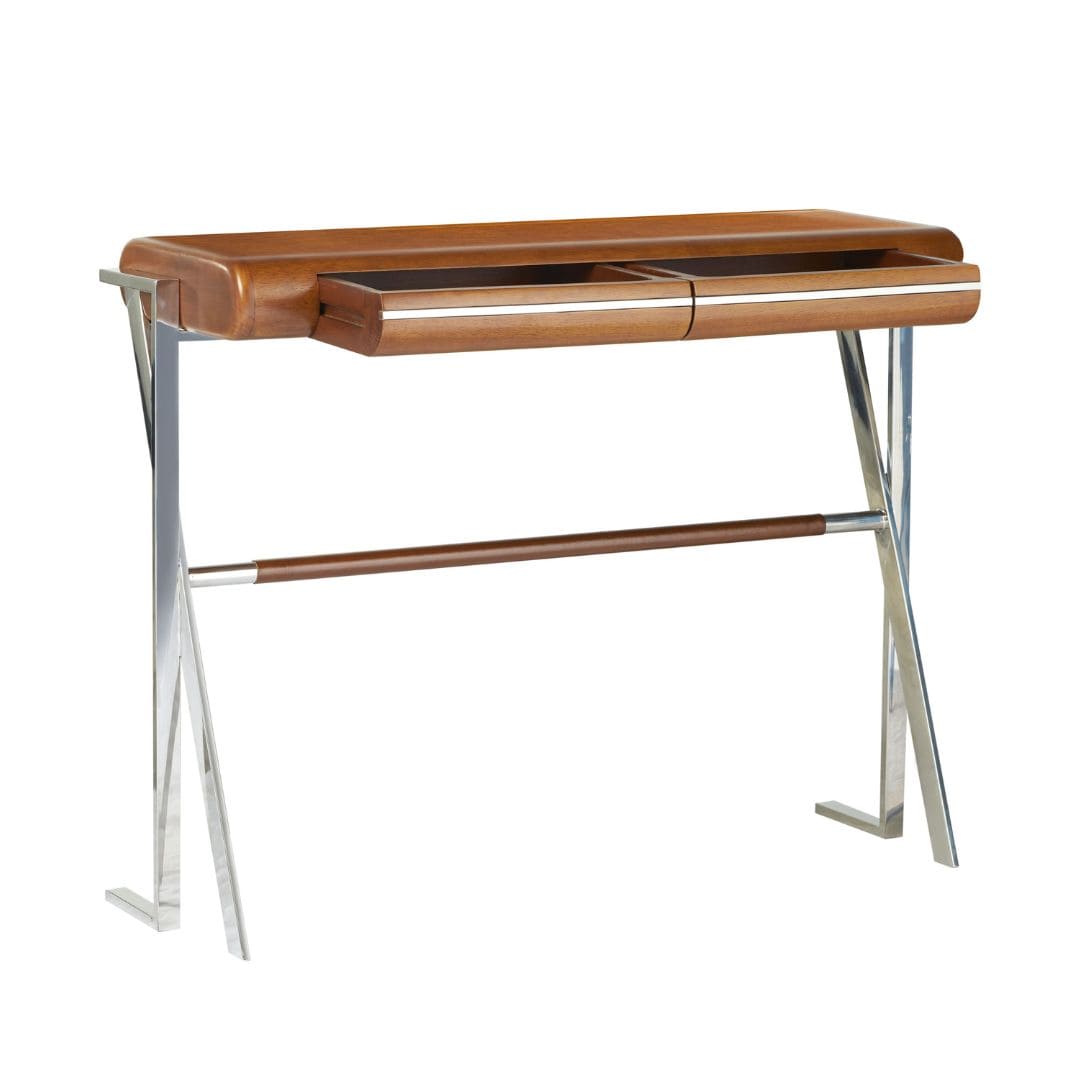 Console-Trocadero-106 cm-bois-noyer-et-inox-hevea-cuir-3 Console trocadero bois noyer et inox 106 cm avec tiroirs discrets. Une pièce compacte et élégante pour structurer votre entrée avec style.