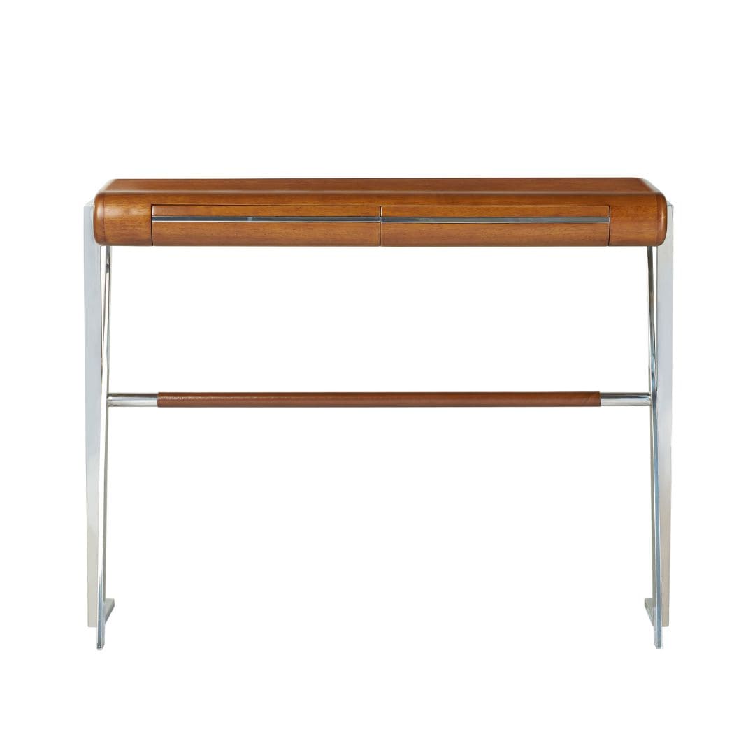 Console-Trocadero-106 cm-bois-noyer-et-inox-hevea-cuir-4 Console trocadero bois noyer et inox 106 cm avec tiroirs discrets. Une pièce compacte et élégante pour structurer votre entrée avec style.