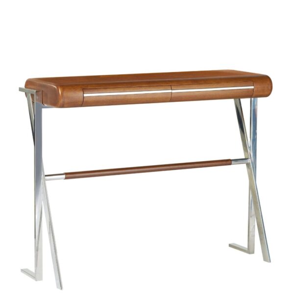 Console trocadero 106 cm bois noyer et inox poli avec tiroirs discrets. Une pièce compacte et élégante pour structurer votre entrée avec style.