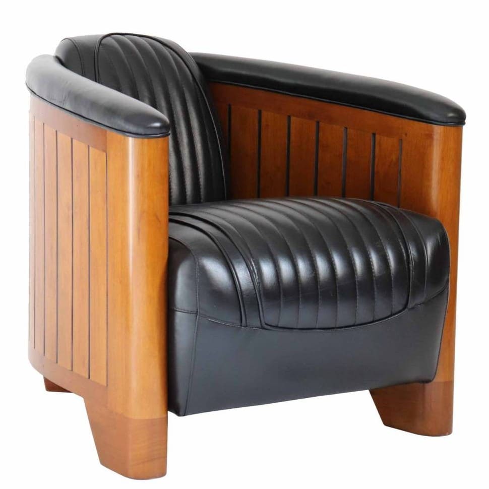 Fauteuil-Club-Canoë-Cuir-Noir - L'Élégance-Transatlantique-style-nautique-2 Fauteuil Club Canoë Cuir Noir - L'Élégance Transatlantique en Cuir et Bois