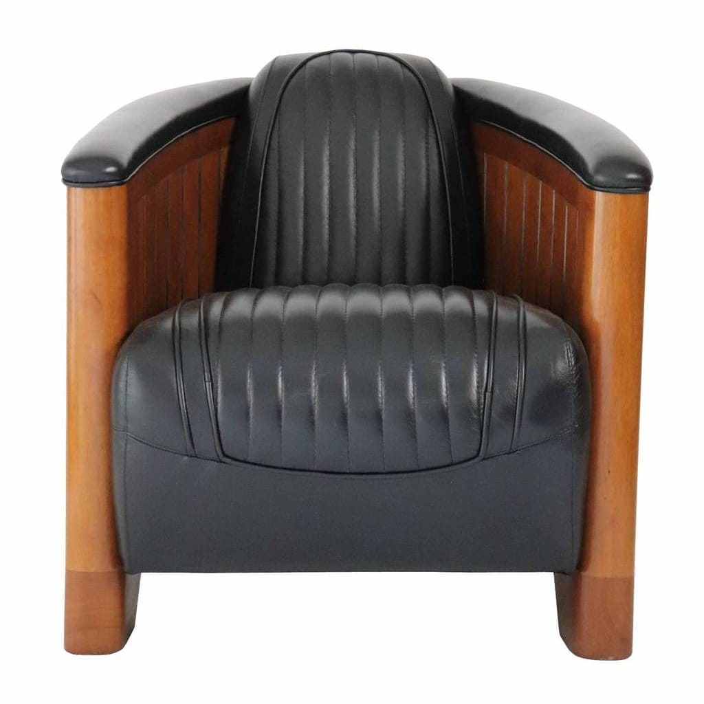 Fauteuil-Club-Canoë-Cuir-Noir - L'Élégance-Transatlantique-style-nautique Fauteuil Club Canoë Cuir Noir - L'Élégance Transatlantique en Cuir et Bois