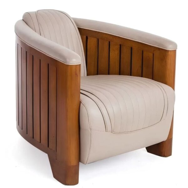 Fauteuil Club Canoë Cuir Beige Ivoire Vintage - L’Élégance Transatlantique en Cuir et Bois