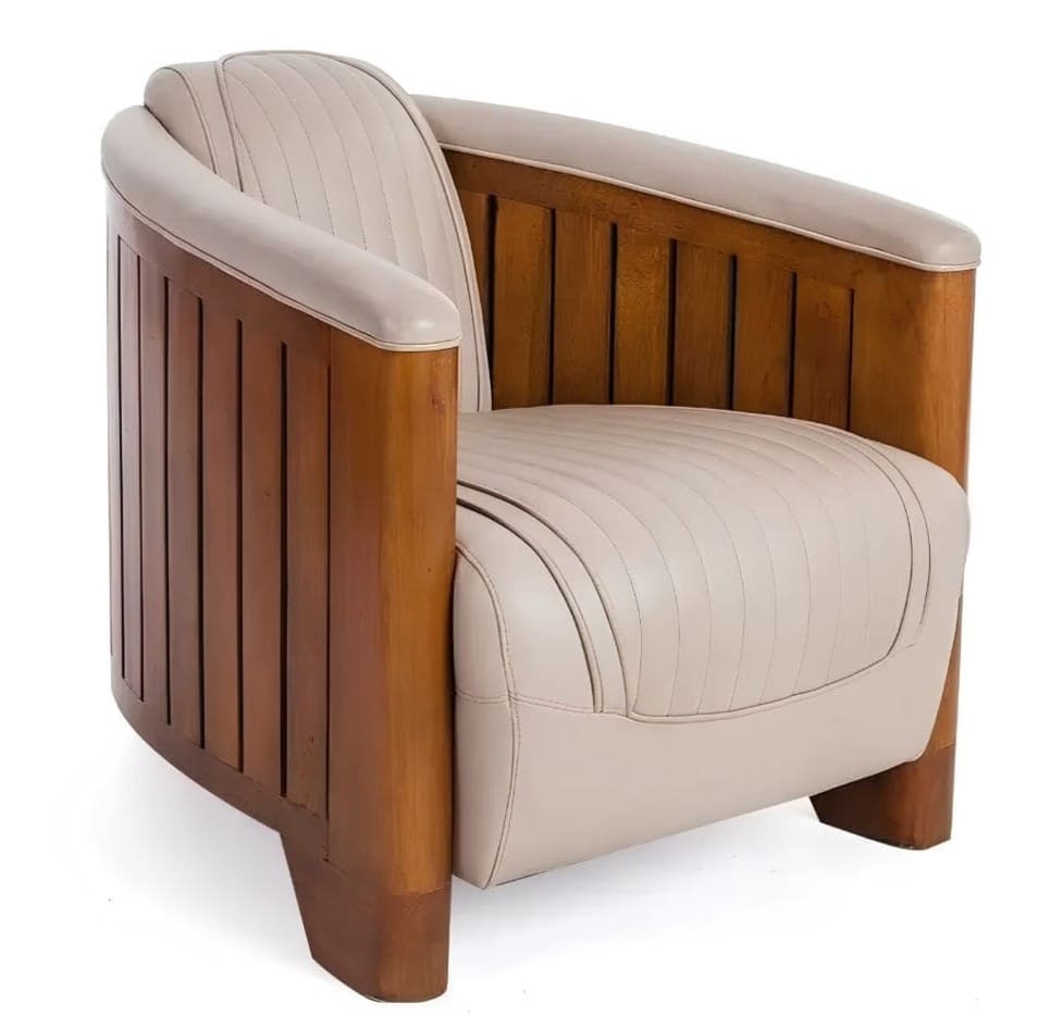 Fauteuil-Club-Canoë-cuir-beige-ivoire-style- nautique-2 (1) Fauteuil Club Canoë Cuir Beige Ivoire Vintage - L’Élégance Transatlantique en Cuir et Bois