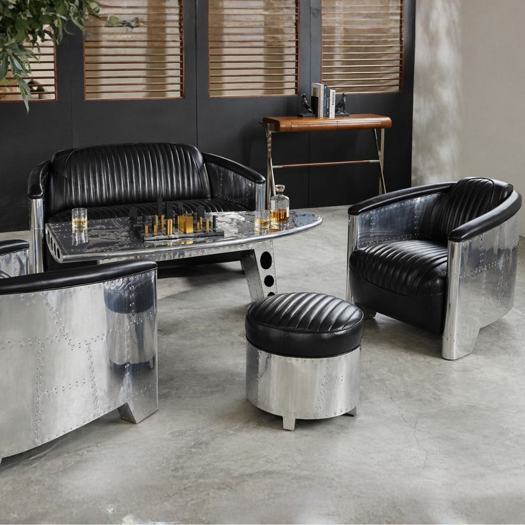 Fauteuil-Club-DC3-Cuir-Noir-majdeltier-aviateur-aluminium-poli Fauteuil Club DC3 Cuir style aviateur, aluminium poli