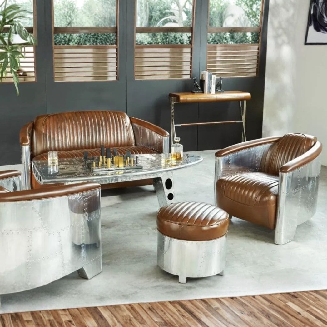 Fauteuil-Club-DC3-Cuir-marron-majdeltier-aviateur-aluminium-poli-1 Fauteuil Club DC3 Cuir marron style aviateur
