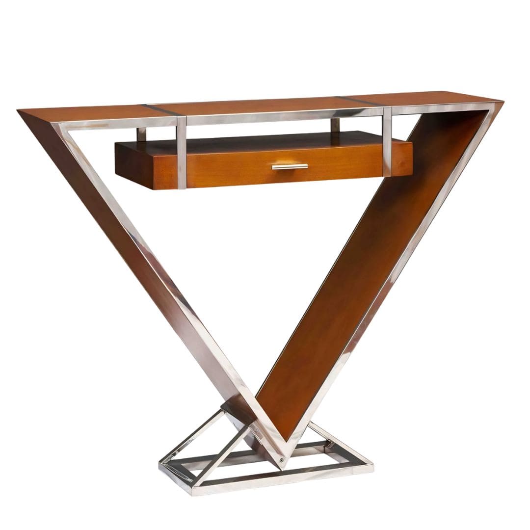 HGIXTAC02_console-kheops-triangle-originale-intemporelle-2 Console KHEOPS bois et inox : une pièce au style intemporel avec tiroir suspendu