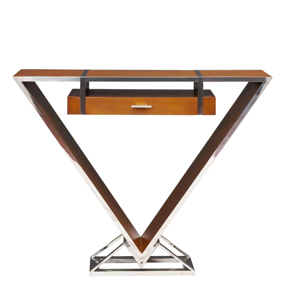 HGIXTAC02_console-kheops-triangle-originale-intemporelle Console KHEOPS bois et inox : une pièce au style intemporel avec tiroir suspendu