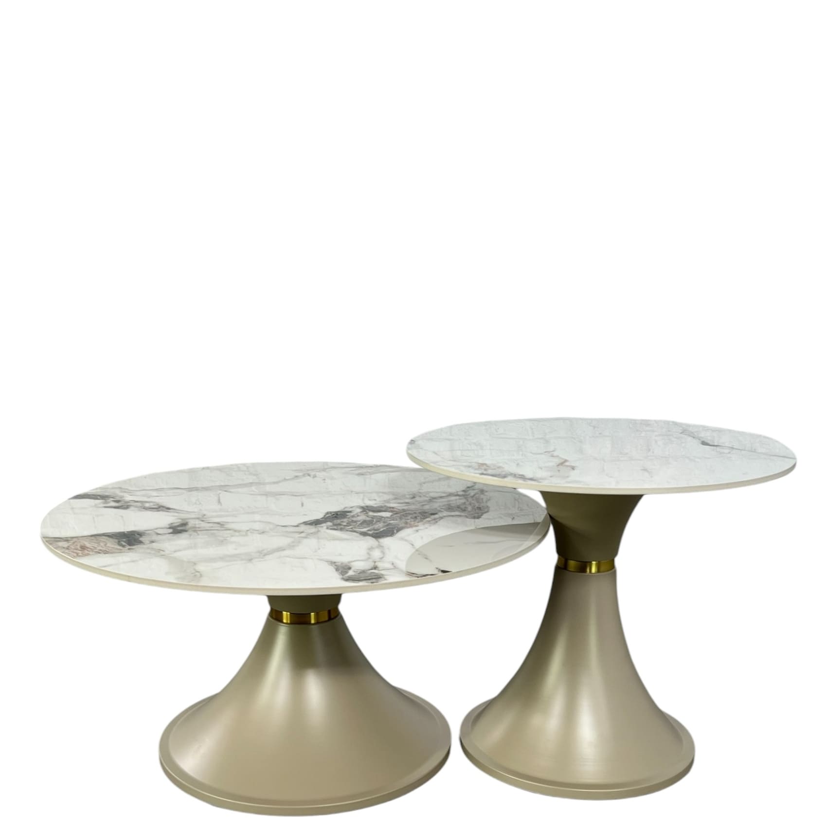 Set de 2 Tables Basses Rondes en Céramique Marbre Blanc Set de 2 Tables Basses Rondes en Céramique Marbre Blanc