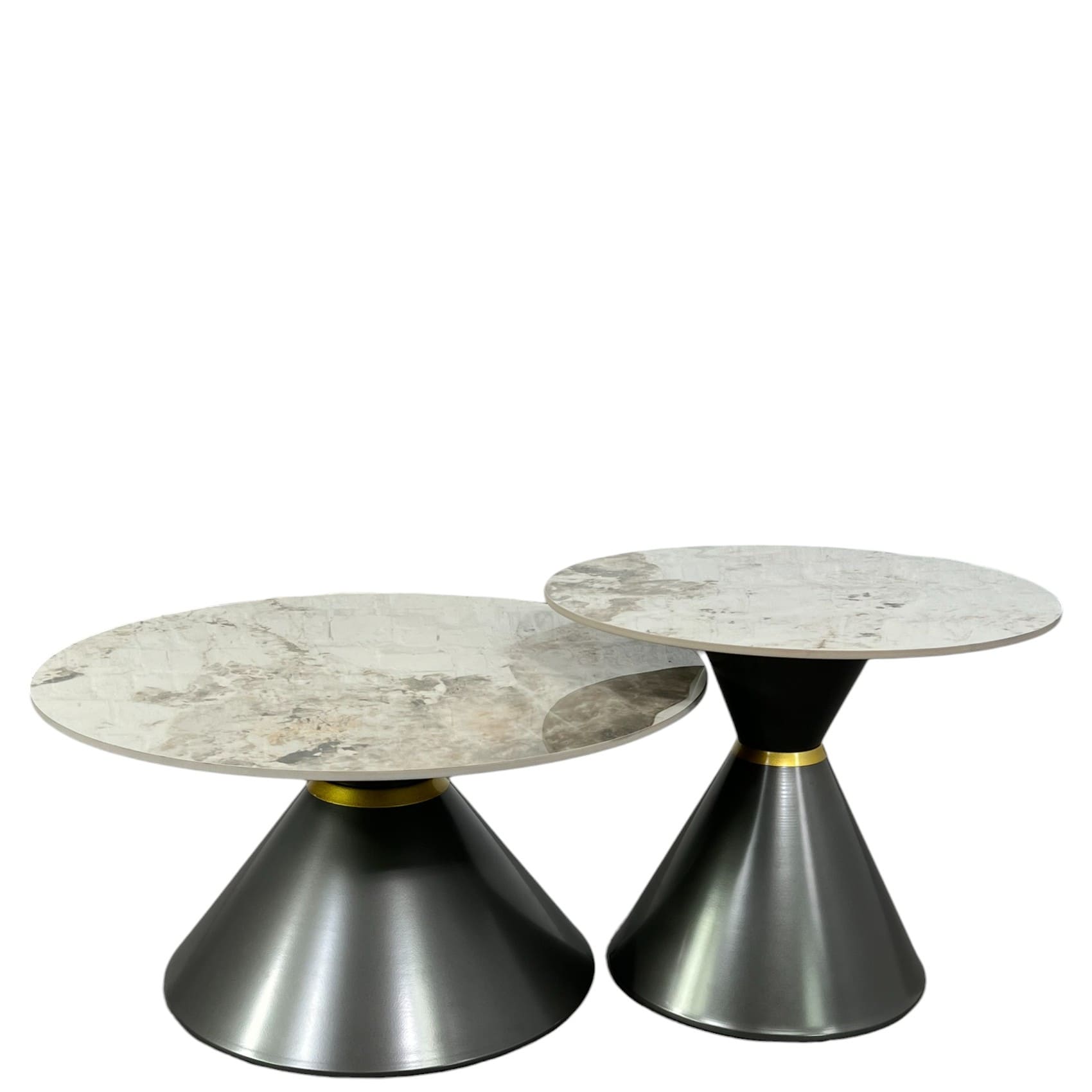 Set de 2 Tables Basses Rondes en Céramique Marbre Blanc Set de 2 Tables Basses Rondes en Céramique Marbre Ivoire