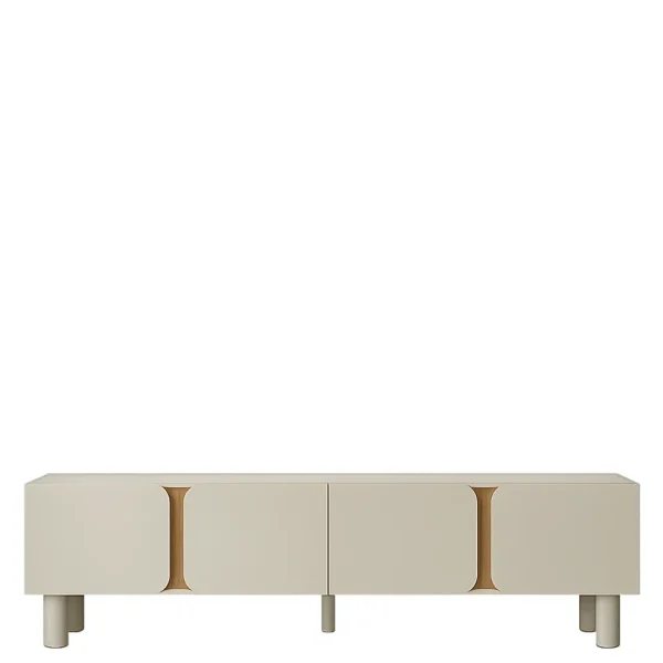 Meuble Tv Yoko 180 cm taupe, 4 portes. Design arrondi, teinte douce