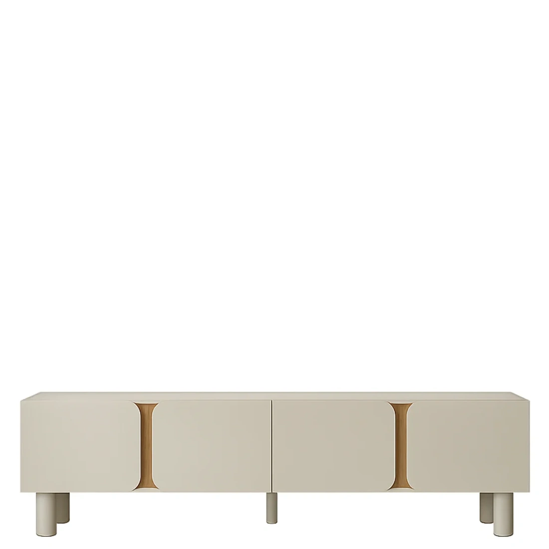 Meuble Tv -Yoko- bois clair-couleur taupe-majdeltier-4 Meuble Tv Yoko 180 cm taupe, 4 portes. Design arrondi, teinte douce
