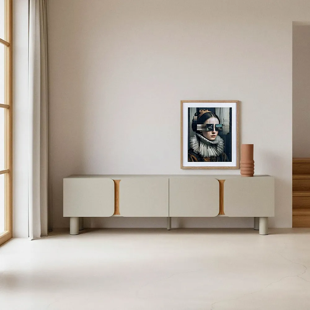 Meuble Tv -Yoko- bois clair-couleur taupe-majdeltier Meuble Tv Yoko 180 cm taupe, 4 portes. Design arrondi, teinte douce