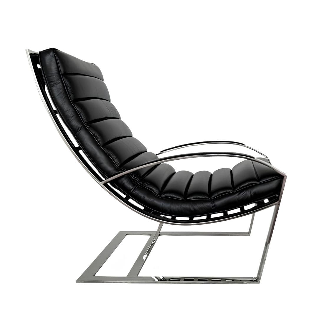 Fauteuil Biarritz cuir noir, structure design chrome poli miroir