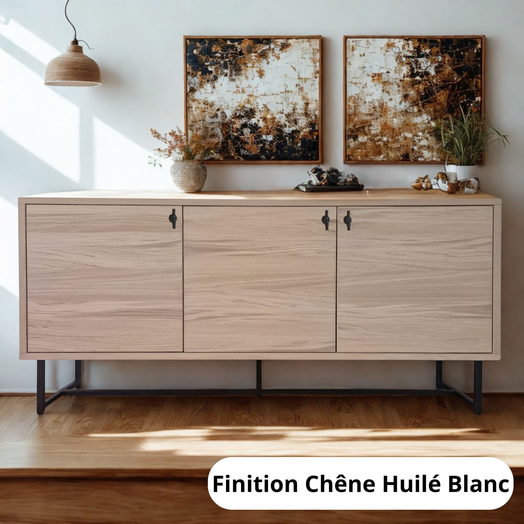 buffet chêne blanc, bois clair, piétement métal noir Embla