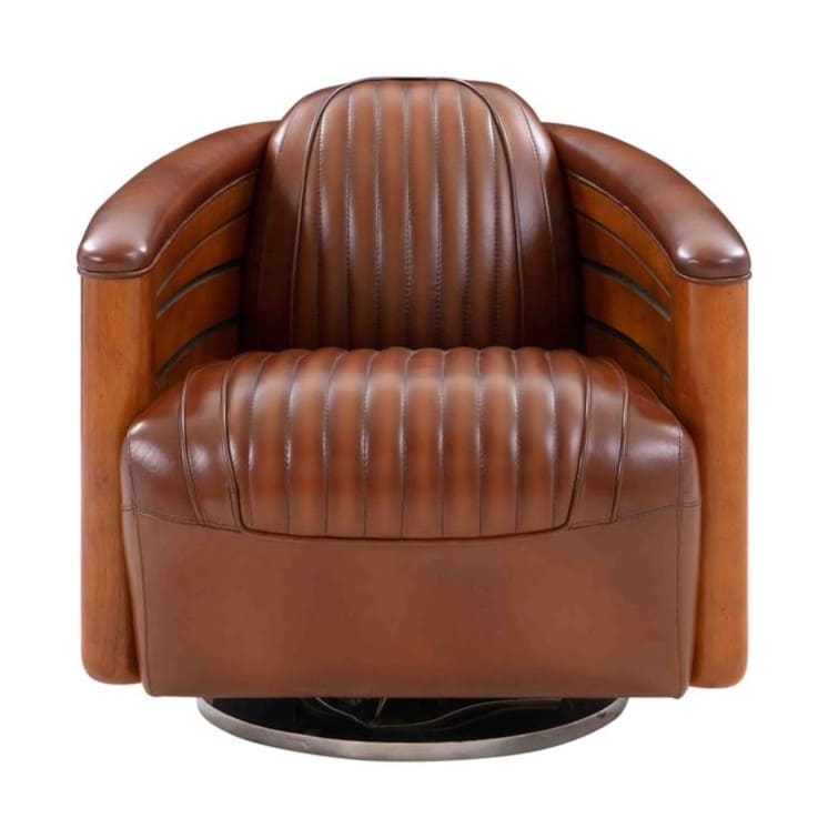 fauteuil-club-nautilus-cuir-vintage - marron-bord-de-mer-pivotant-design-majdeltier- Fauteuil Club pivotant Nautilus cuir marron vintage