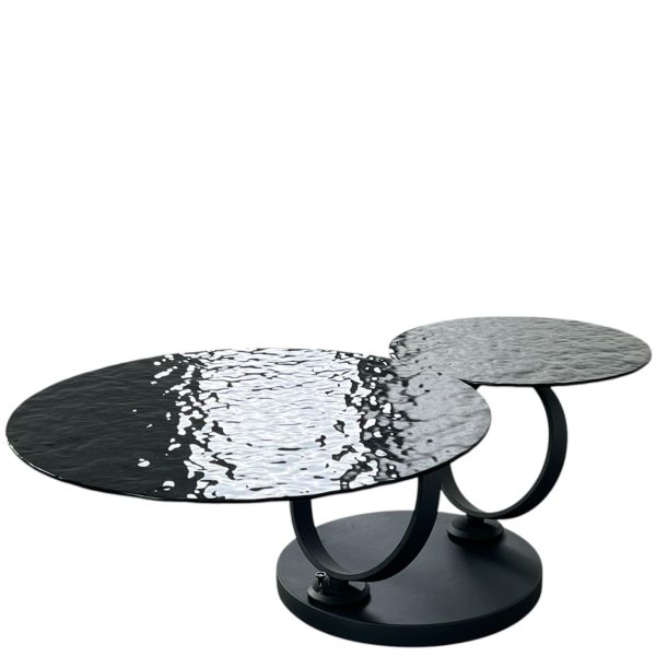 Table Basse Ronde Pivotante Extensible Aqua en Verre Noir Effet Martelé