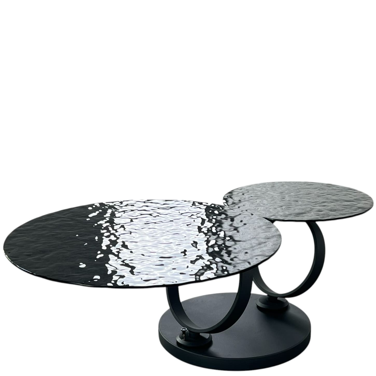 table-basse-ronde-pivotante-extensible-aqua-verre-noit-trempé-waterglass-majdeltier Table Basse Ronde Pivotante Extensible Aqua en Verre Noir Effet Martelé