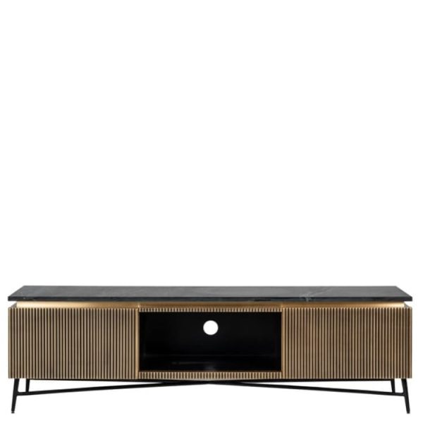 Meuble TV Ironville 170 cm – Laiton Doré, Marbre Noir & Design Hôtelier Chic