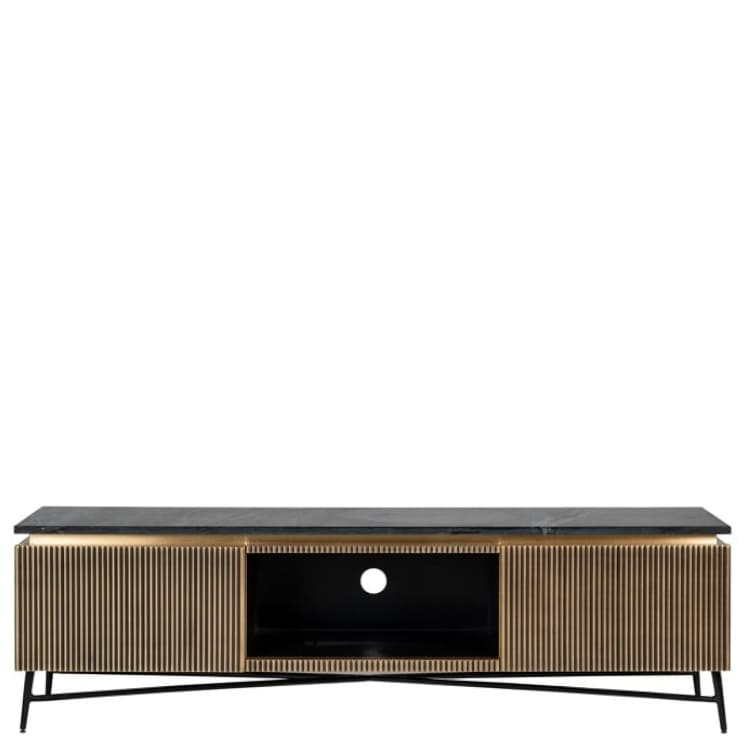 Meuble TV Ironville -170 cm-majdeltier-laiton-1 Meuble TV Ironville 170 cm – Laiton Doré, Marbre Noir & Design Hôtelier Chic