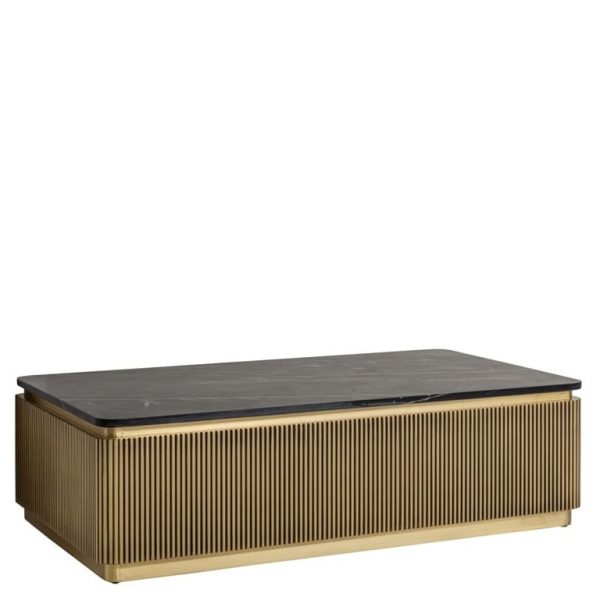 Table Basse Rectangulaire Ironville – Marbre Noir, Laiton Nervuré & Esprit Mid-Century Modern
