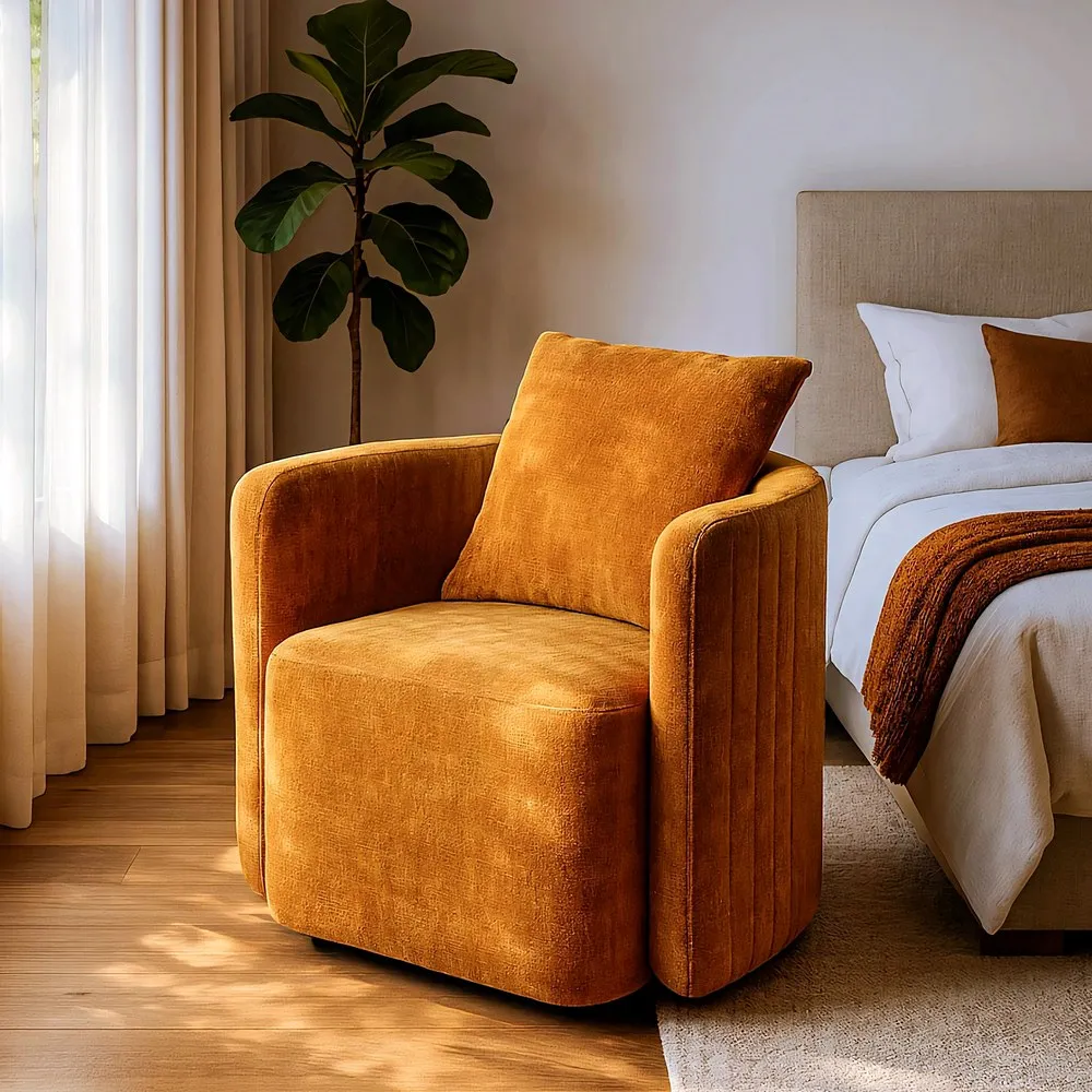 Fauteuil-PIVOTANT-Léopold-ocre-orange-cabriolet-confortable-étroit-majdeltier-2 Fauteuil pivotant Léopold forme cabriolet ocre, orange