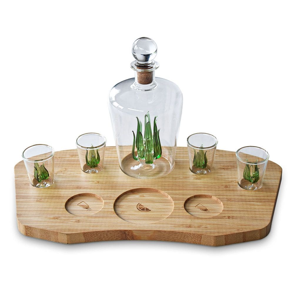 Coffret-a-tequila-avec-carafe-en-verre-et-plateau-bambou (1) Coffret dégustation Tequila avec carafe et verres agave en verre et bambou