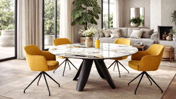 table à manger en céramique effet marbre dans un intérieur contemporain