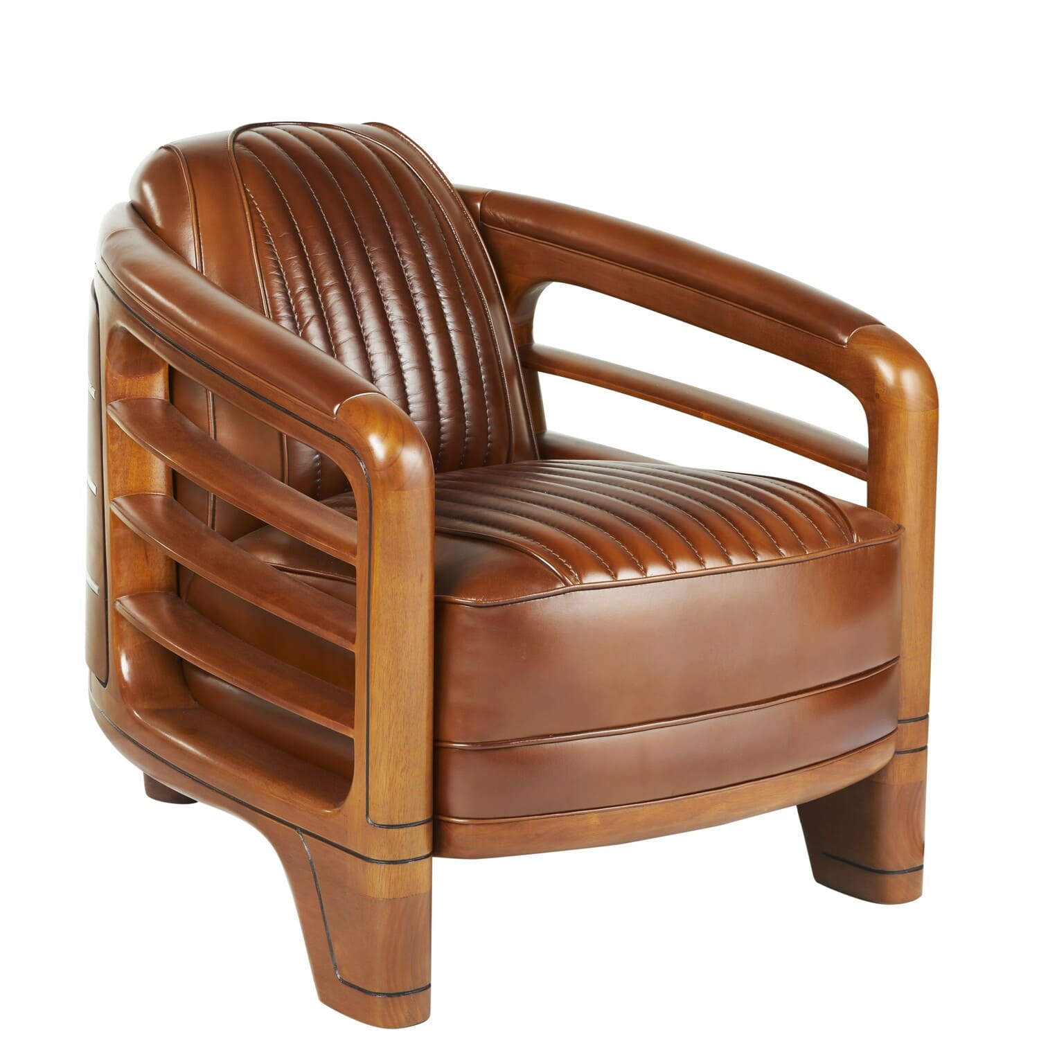 Fauteuil-Club-Riviera-Cuir-Vintage-Marron-majdeltier-1 Fauteuil Club Riviera cuir vintage marron avec structure en bois massif ajouré et détails inox