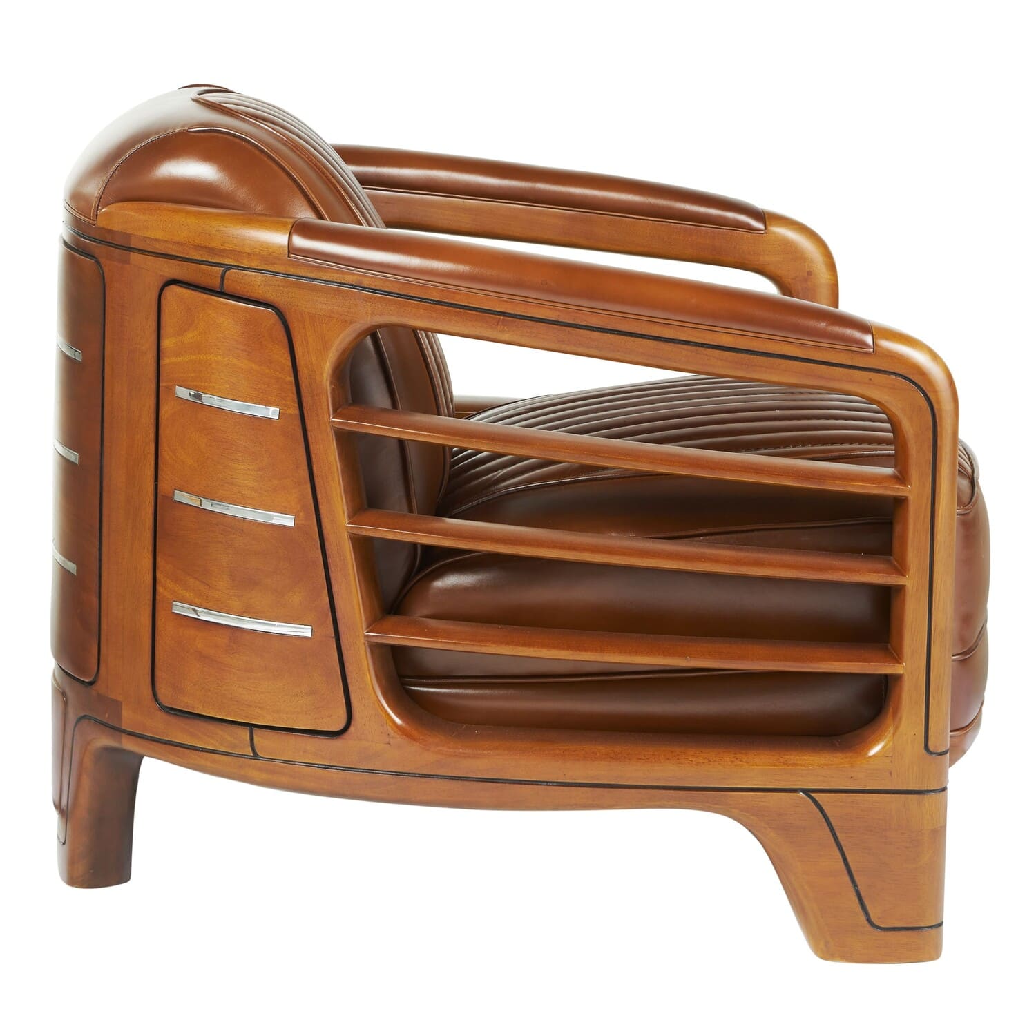 Fauteuil-Club-Riviera-Cuir-Vintage-Marron-majdeltier-3 Fauteuil Club Riviera cuir vintage marron accoudoirs bois massif ajouré style yacht
